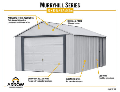 Arrow Shed 12′ x 17′ Murryhill Garage Galvanized Steel Extra Tall Walls Prefabricated Shed Storage Building, 12′ x 17′, Flute Gray