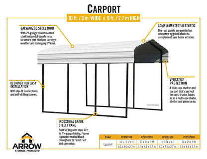 Arrow Carport, 10 ft. x 29 ft. x 9ft. Eggshell 10′ x 29′ x 9′