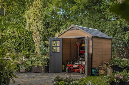 Keter Newton 7.5×9 Large Resin Outdoor Storage Shed Kit Mahogany Brown