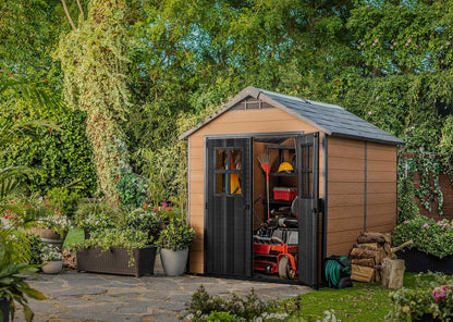 Keter Newton 7.5×9 Large Resin Outdoor Storage Shed Kit Mahogany Brown